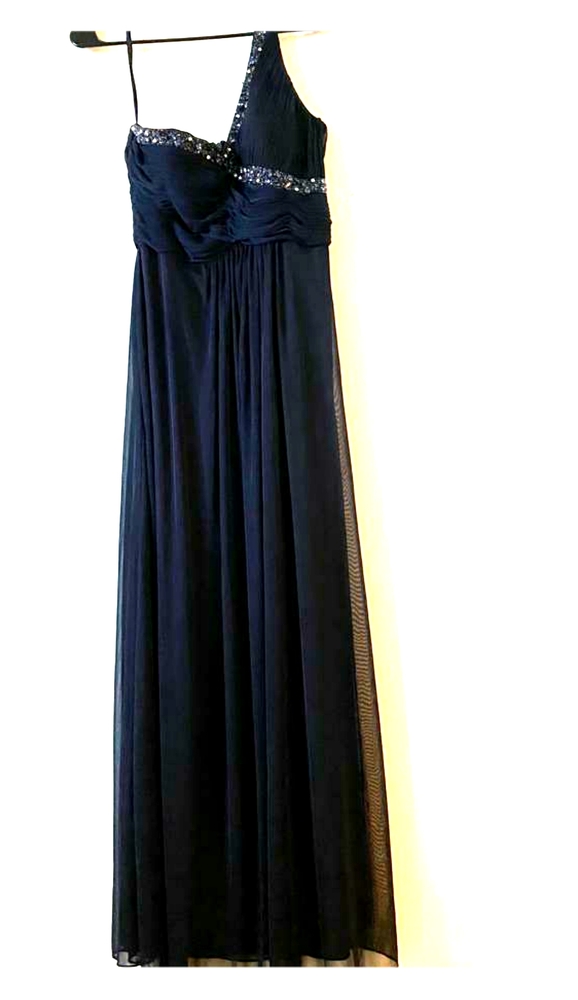 Grecian style blue maxi dress with rhinestone deta